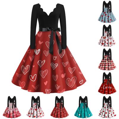 Women's Casual Fashion Valentine's Day Printed V-Neck Retro Long-Sleeve Dress