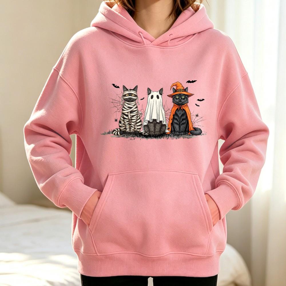Halloween Costume Cat Women Hoodie Unisex Trendy Outerwear Mummy Ghost Witch Feline Bat Web Accents Casual Fashion Autumn Pullovers