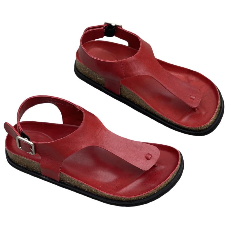 Spring and Summer Genuine Leather Flip-toe Flat Sandals with Square Buttons and Simple Soft Cowhide Women's Shoes