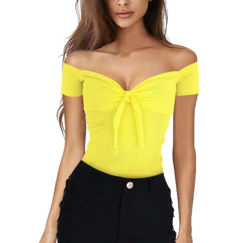 Fashion Sexy One-Shoulder Bowknot Solid Color Women's Summer Tops New V-Neck Beach Party Slim T-Shirt Women Clothing