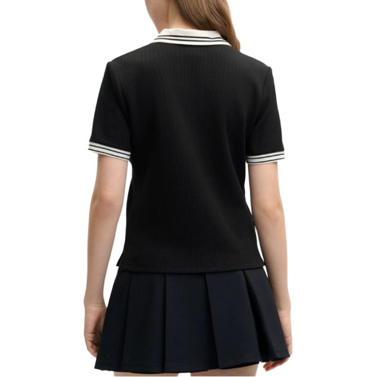 Fila Tennis Stylish Comfortable Breathable Color Block Vintage College Style Embroidered Logo Short Sleeve Polo Shirt Women Tops Black A51W523101F-BK