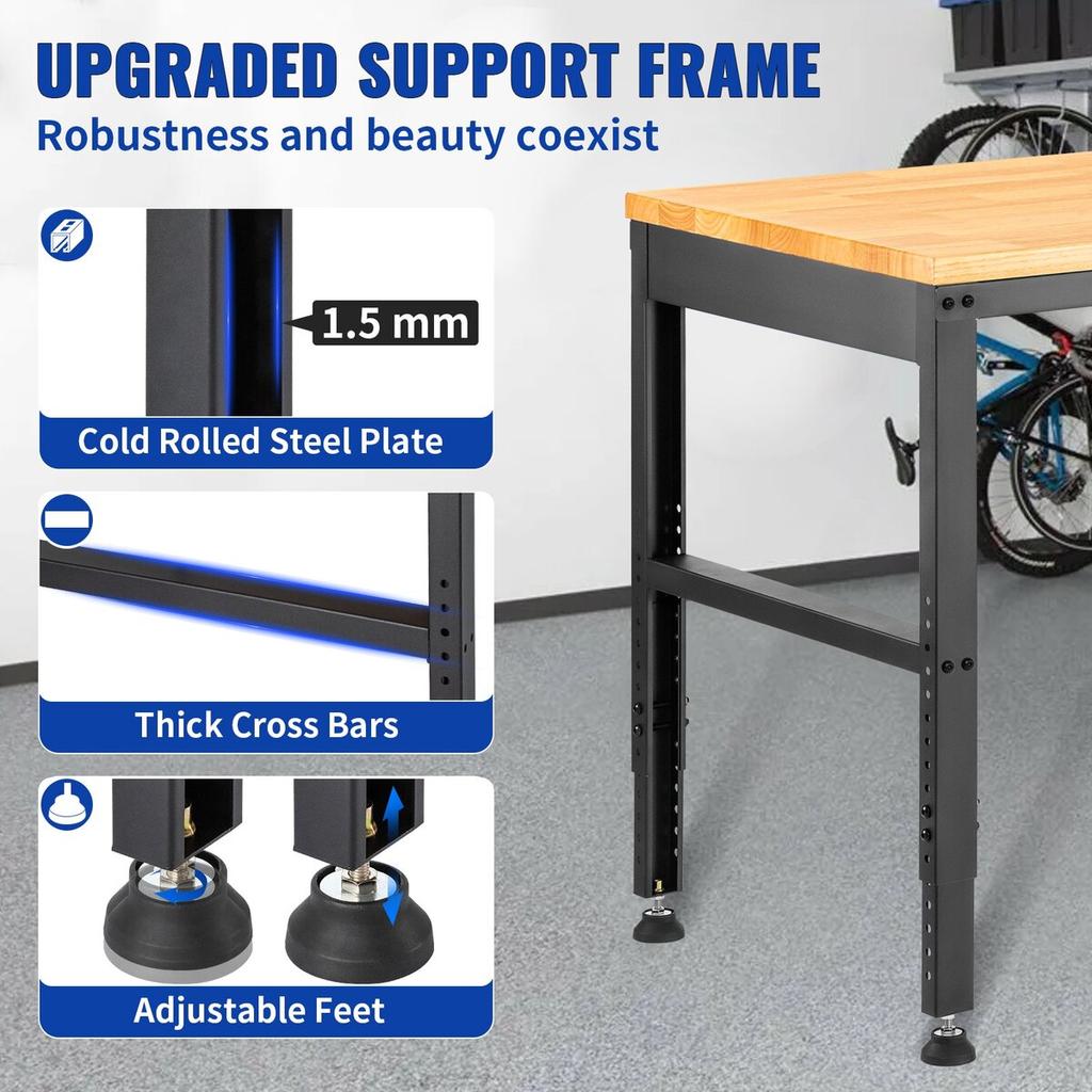 Workbench Adjustable Height, 183 x 64 cm Garage Table w/ 72 – 97 cm Heights & 900KG Load Capacity, with Power Outlets & Hardwood Top & Metal Frame &