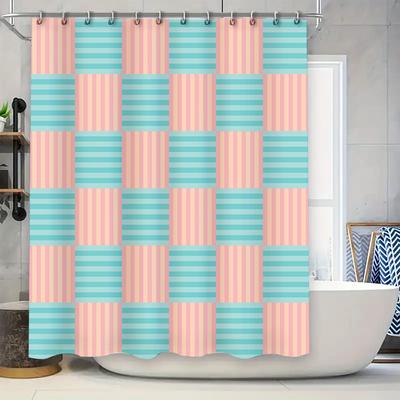 Rideau de douche rayé bleu et rose Décor de salle de bain Tissu polyester imperméable imprimé 3D Rideaux de douche avec anneaux pour la maison