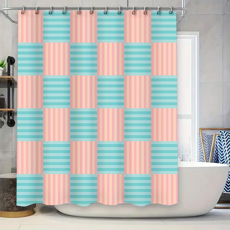 Blue Pink Striped Shower Curtain Bathroom Decor 3D Printed Waterproof Polyester Fabric Shower Curtains with Hook Rings for Home 90x180cm
