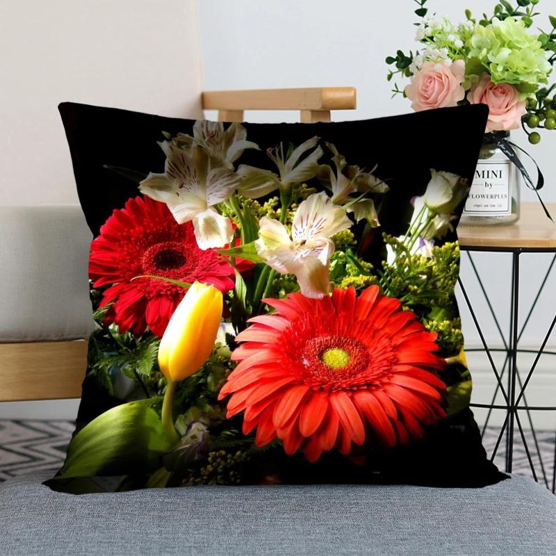 Neuankunft Gerbera Blumenkissenbezug Schlafzimmer Home Office Dekorative Kissenhülle Quadratisch Reißverschluss Kissenbezüge Satin Weich Kein Ausbleichen