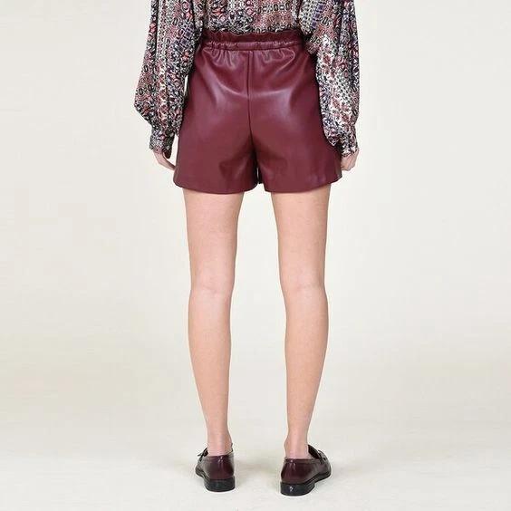 Burgundy Handmade Leather Genuine Casual Handmade Shorts Women
