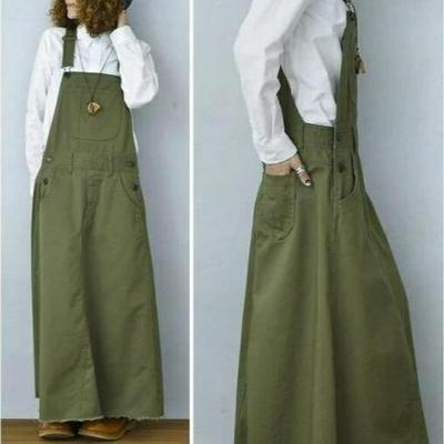 Vestido Militar Verde com Suspensórios Estilo Coreano Feminino 2024 com Bolsos