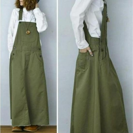 

2024 Women s Korean-Style Military Green Suspender Dress with Pockets One Size