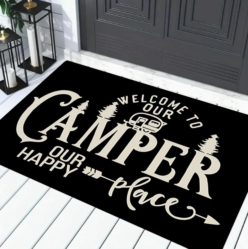 Happy Camper Welcome Mat - Non-Slip Rustic Entryway Rug - Charming Forest Camping Theme Indoor Floor Carpet Decor
