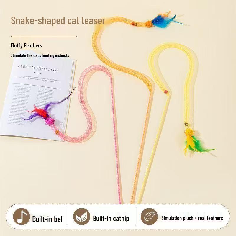 Durable Feather & Bell Cat Teaser with Long Handle: Elastic Mesh Tube for Self-Entertainment