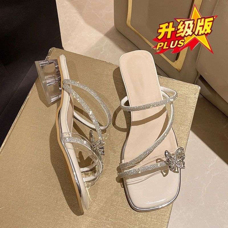 French Thick-heeled Slippers for Women's Summer Wear 2025 New Fairy Style Bow Rhinestone Temperament High-heeled Crystal Sandals