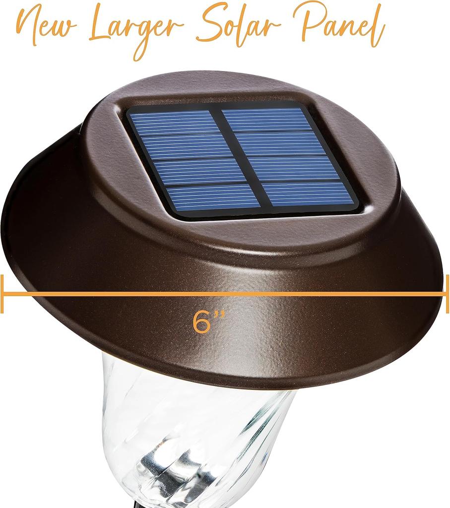 2 Pack 6' Bronze Solar Path Lights with Solar Panel, Glass Lens, Metal Stake, Extra-Bright LED for Garden, Lawn, Patio
