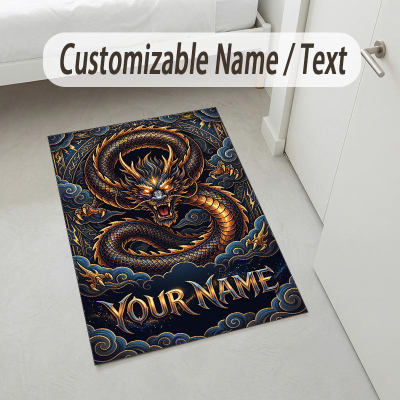 Dragon Phoenix Theme Crystal Velvet Rug Personalized Custom Name Text Soft Floor Mat Home Decor