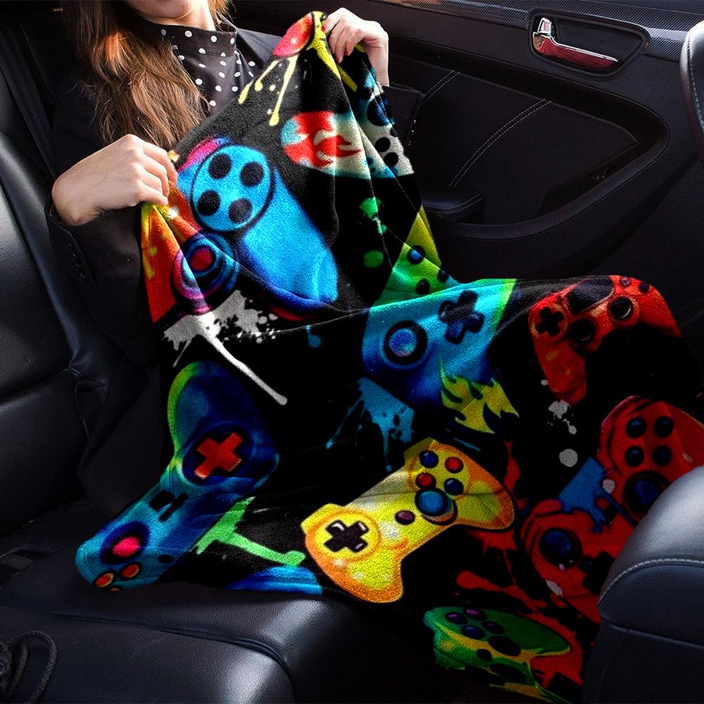 Colorful Game Controller Graffiti Splash Print Flannel Blanket Black Background Gaming Graphic Soft Throw Blanket Gamer Bedroom Home Decor