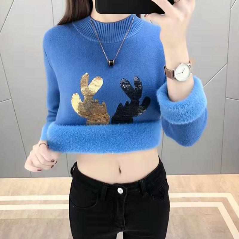 

Кашемировый свитер с половиной высокого воротника, пуловер, женский топ, новинка 2022 года, осенне-зимний плюшевый утепленный вязаный свитер One Size синий