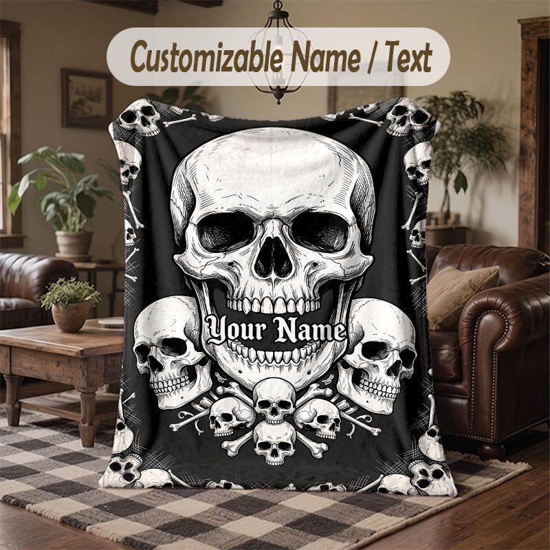 Skeletal Coffee Enthusiast Theme Throw Blanket Custom Name Text Personalized Blanket Soft Cozy Blanket for Home Sofa Bed