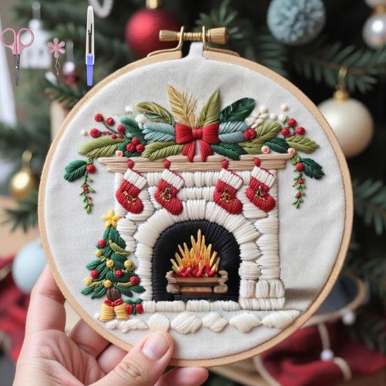 Christmas Embroidery Kit Winter Landscape Embroidery Starter Kit Santa Claus Embroidery Craft Set with Pattern Threads Needles for Beginners Adults