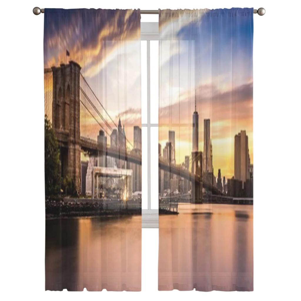 Brooklyn Bridge At Sunset Viewed From Brooklyn Bridge Park Tulle Sheer Curtains for Living Room Home Decor Voile Organza Curtain