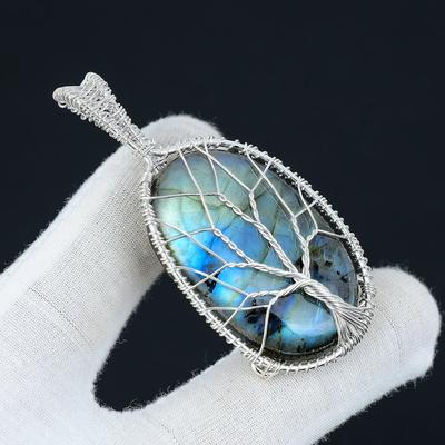 Blue Fire Labradorite Pendant Gemstone, Handmade 925 Sterling Silver Pendant, Wire Wrapped Jewelry, Wire Wrapped Tree Of Life Jewelry