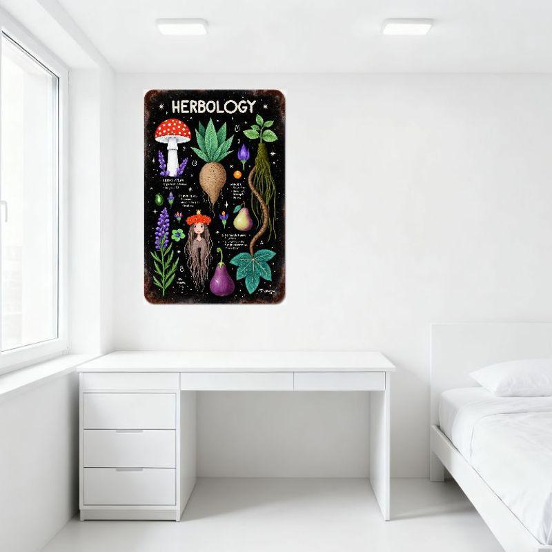 HERBOLOGY Botanical Plants Mushrooms Tin Sign Vintage Whimsical Fantasy Art Poster for Bar Pub Man Cave Home Decor