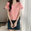 Waist Slimming V-neck Clavicle T-shirt Women's Short-sleeved Summer Thin Style Slimming Irregular Hem with Fishbone Top