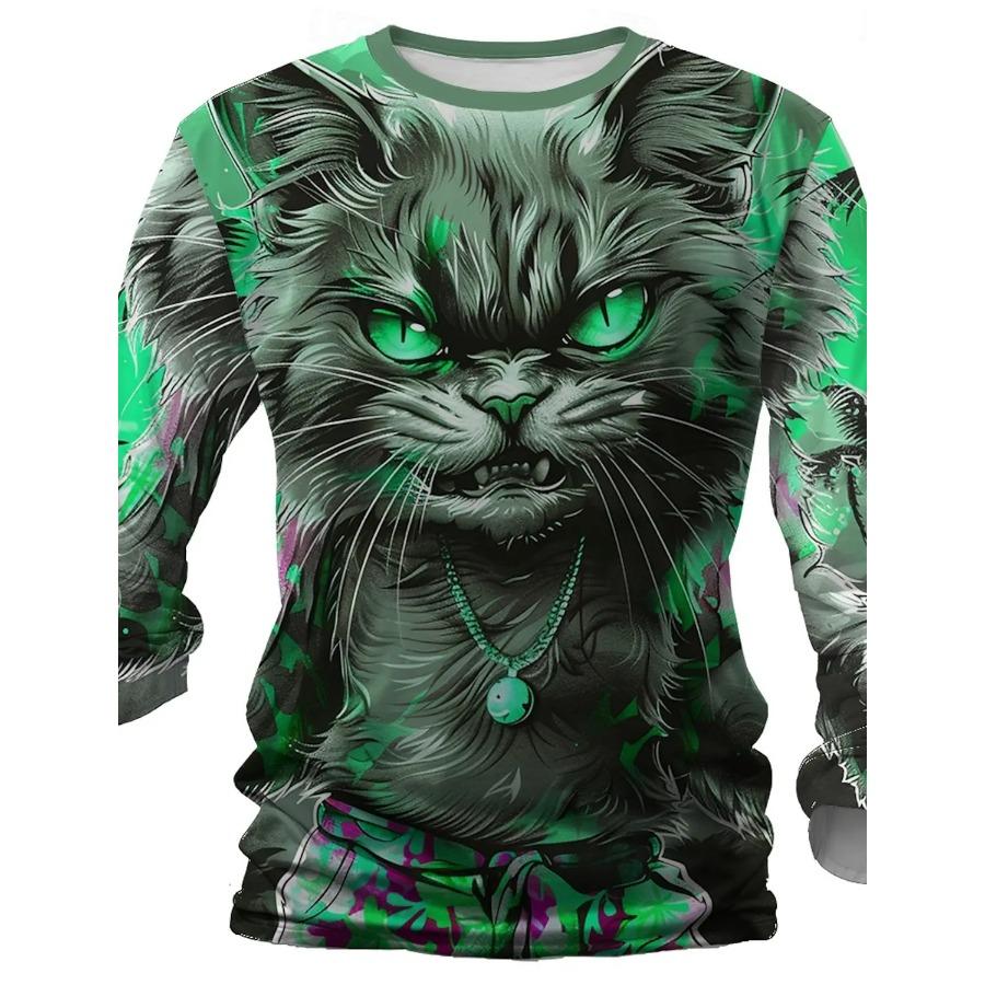 Padrão de gatinho de Halloween impresso em 3D, camiseta masculina de outono com gola redonda, manga comprida casual, pulôver grande, moda tops