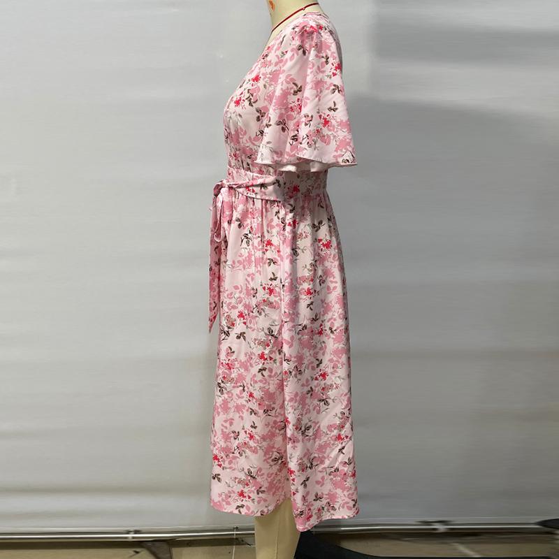 Summer Short Sleeve Women Printed Loose Dress Fashion V-neck Ruffle Lace Up A Line Floral Casual Dresses Women Elegant Slim Vintage Sexy Dress 26175