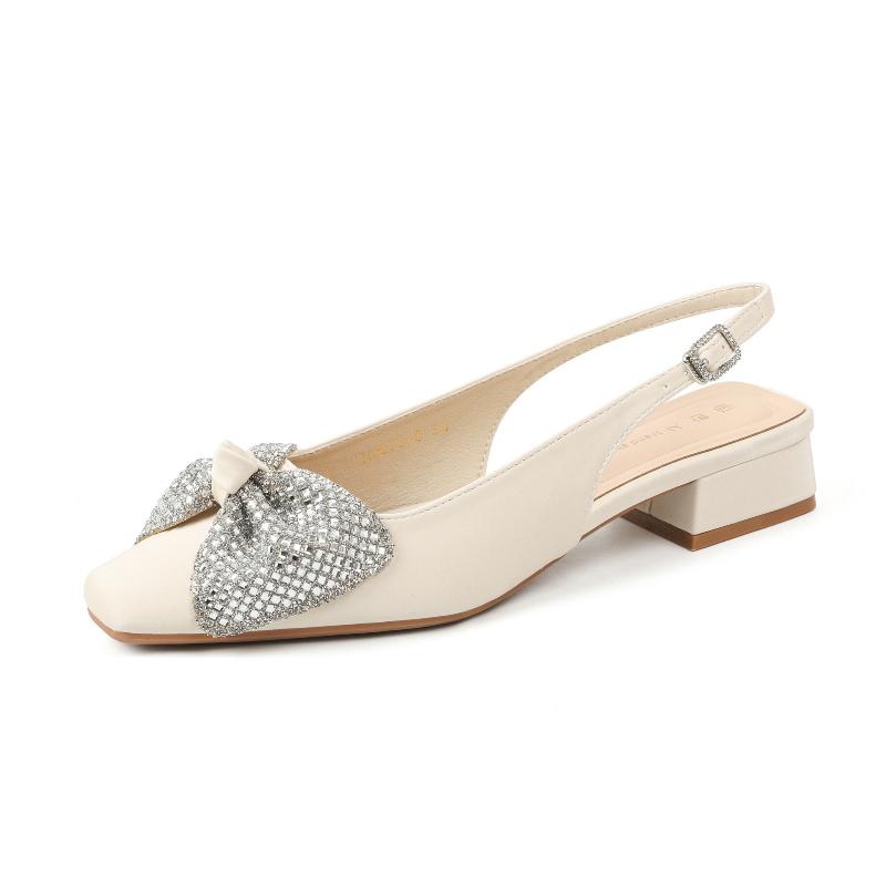 Women's French Crystal Embellished Chunky Heel Purple Sandals Open Back Square Toe Bow Summer Shoes