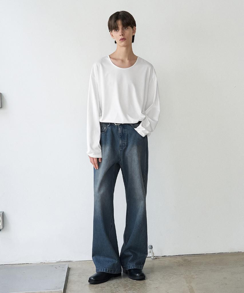 DRAW FIT Silket Cotton U-Neck Long Sleeve T-Shirt [White]