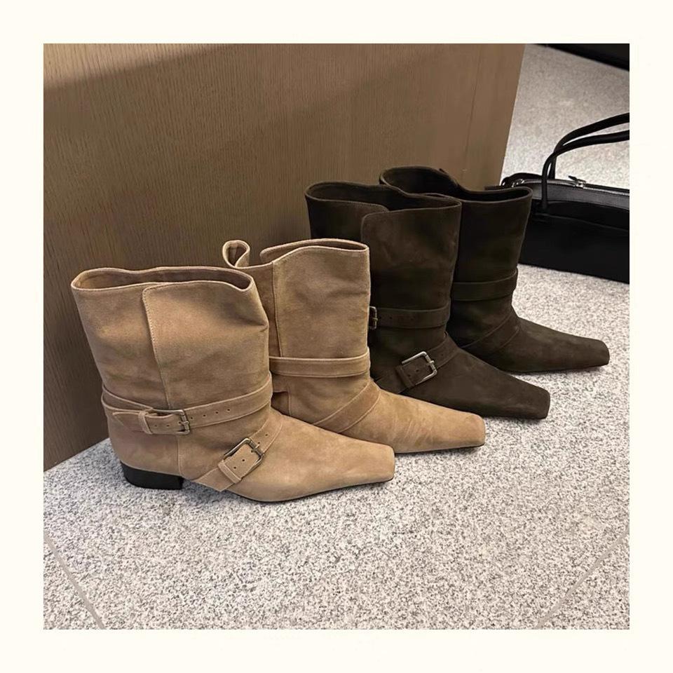 Rindsleder Koreanische Version von Ritterstiefeln Damen mittlerer Schaft eckige Spitze Revers Kurzstiefel Herbst und Winter neu Leder Martin Stiefel Damen Western