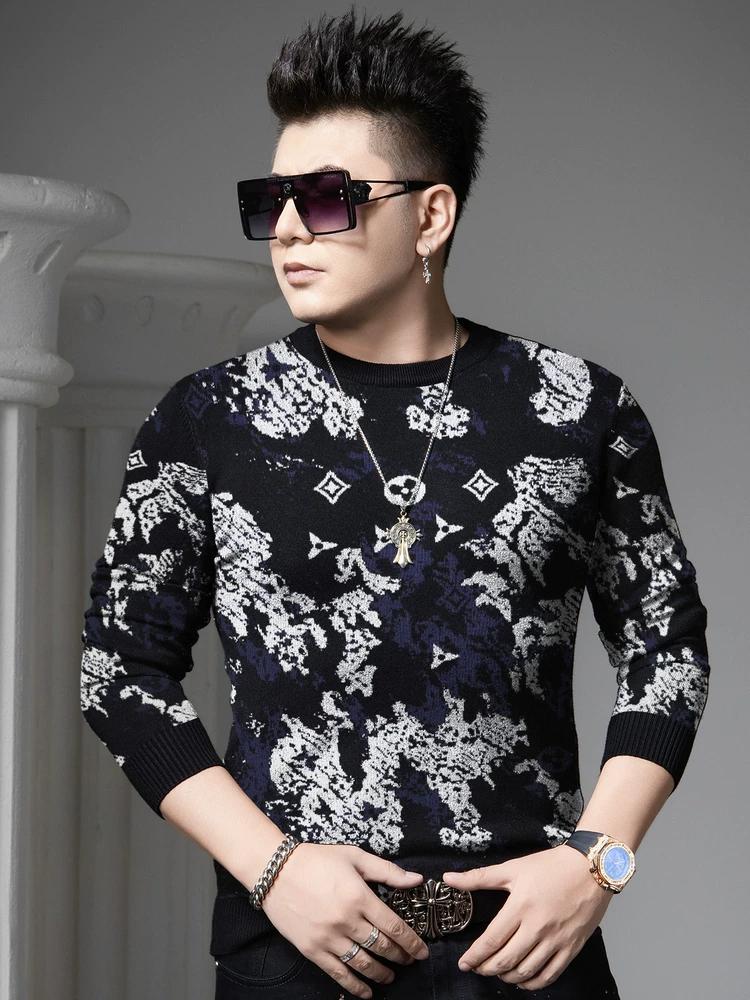 

European Style Round Neck Sweater for Men, 2025 Autumn and Winter New Trendy Printed Base Knit Long-Sleeve Sweater M синий