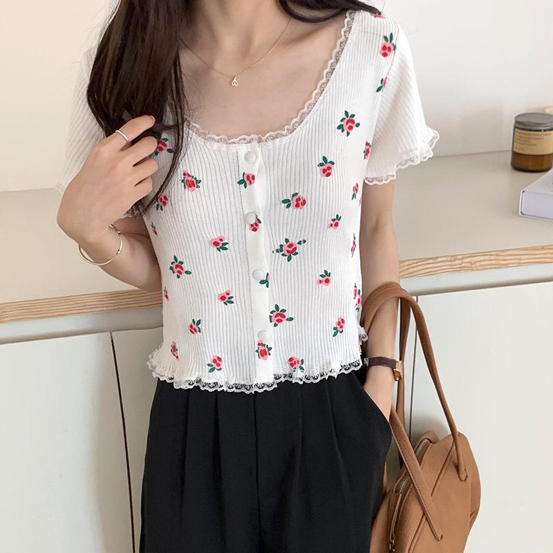 

Футболка с короткими рукавами в стиле ретро, женская, летняя, нежная, с мелкими цветами, с открытым пупком, повседневная, удобная, в стиле Slim Fit, пуловеры, футболки One Size белый