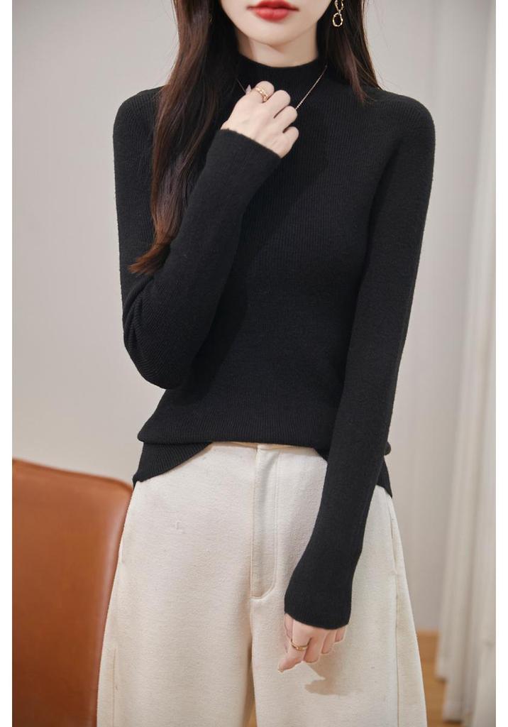 Women's Seamless Ribbed Mock Neck Sweater - High-Grade Texture for Autumn & Winter