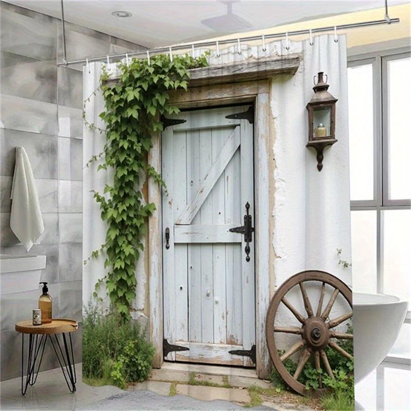 1pc Rustic White Wooden Door Shower Curtain with Distressed Texture, Ivy, Metal Lantern, and Vintage Wagon Wheel, 12 Hooks