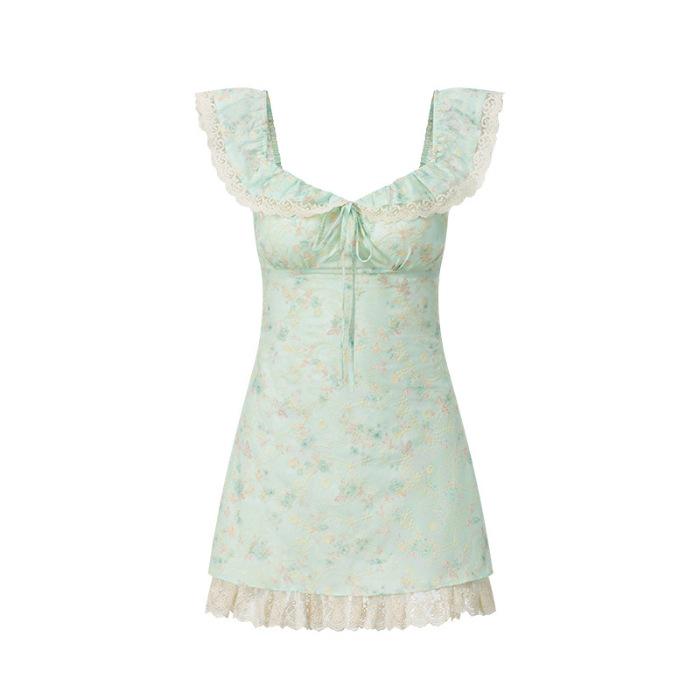 

Dopamine Mint Green Floral Dress - Lace Puff Sleeves & Cinched Waist S