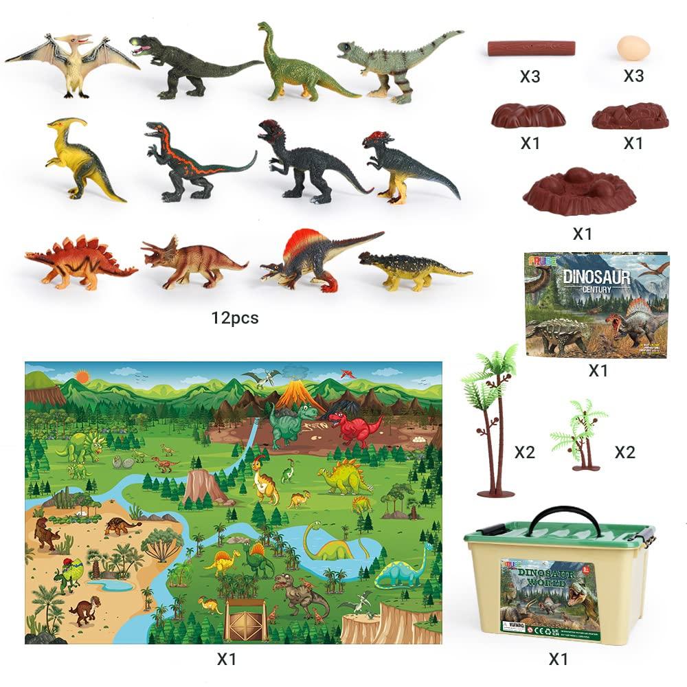 Dinosaur Toys, 12-Piece Realistic Dinosaur Figure Set with Jumbo Play Mat and Informative Dinosaur Book, Figure Toy Storage Box, Educational Figure