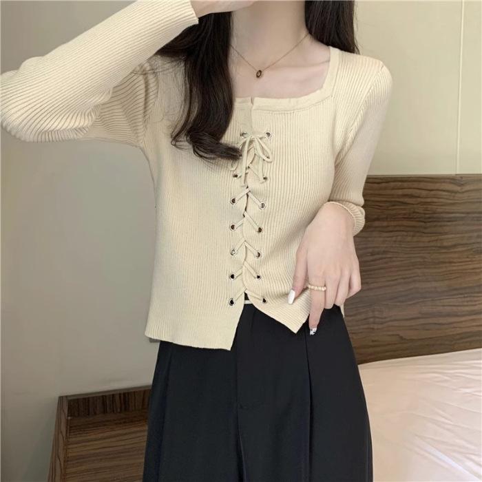 

Осень и зима Новый квадратный воротник Бант Дизайн Sense Niche Bow Тонкий длинный рукав свитер Верх женская одежда One size