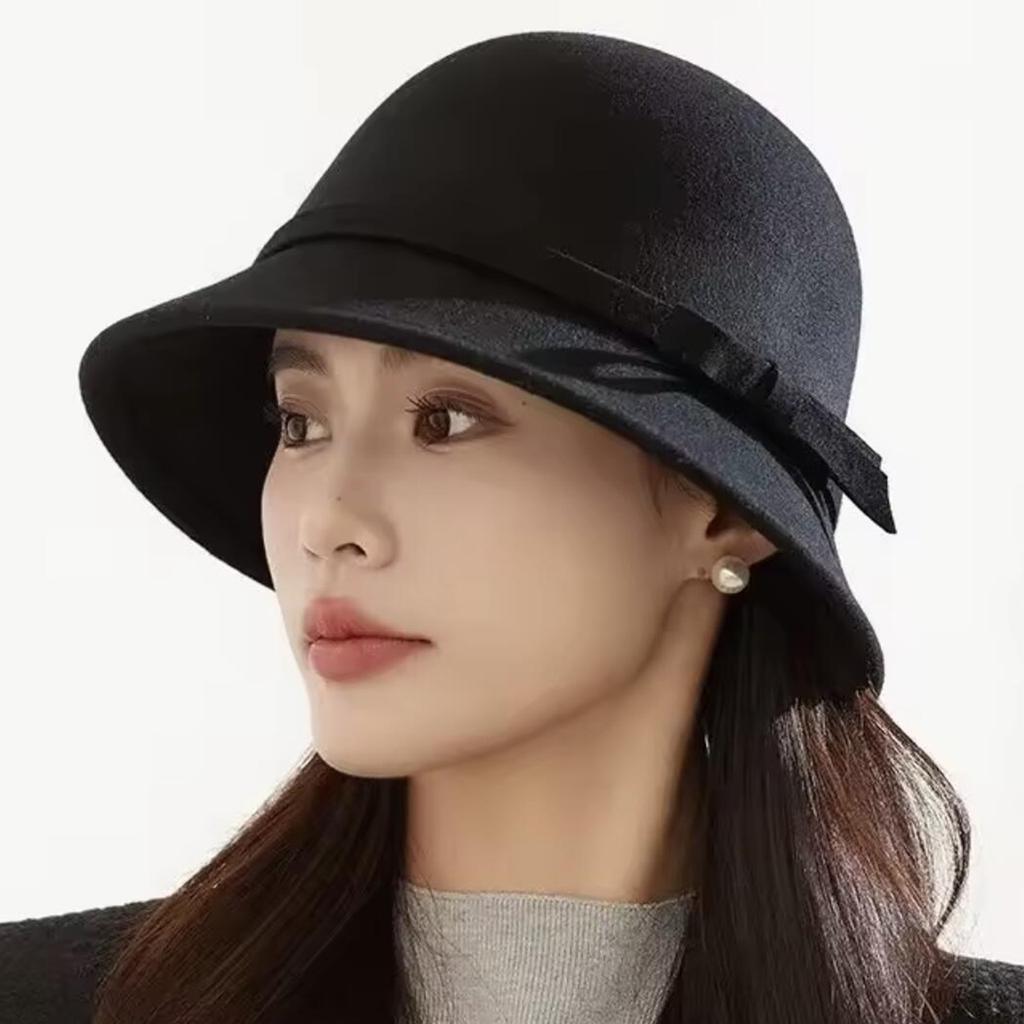 Elegant Women Felt Dome Bucket Hat Vintage Bowknot Fedoras Hats Autumn Winter Ladies Imitation Woolen Bowler Cap