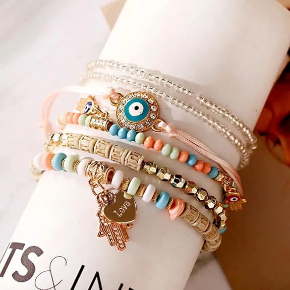 Bohemian Stackable Multilayer Hamsa Hand Evil Eye Lucky Protection Bracelets Multicolor Crystal Charm Beaded Bracelet for Women Girls