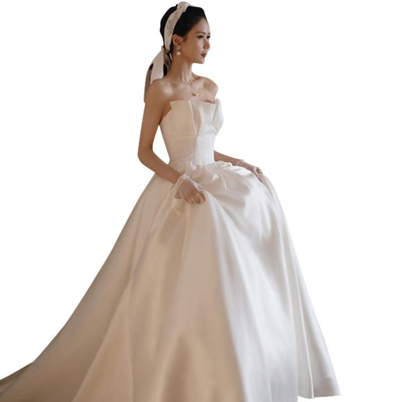 French tube top main wedding dress   new bride high waist pregnant woman satin flat super fairy simple Hepburn thin woman