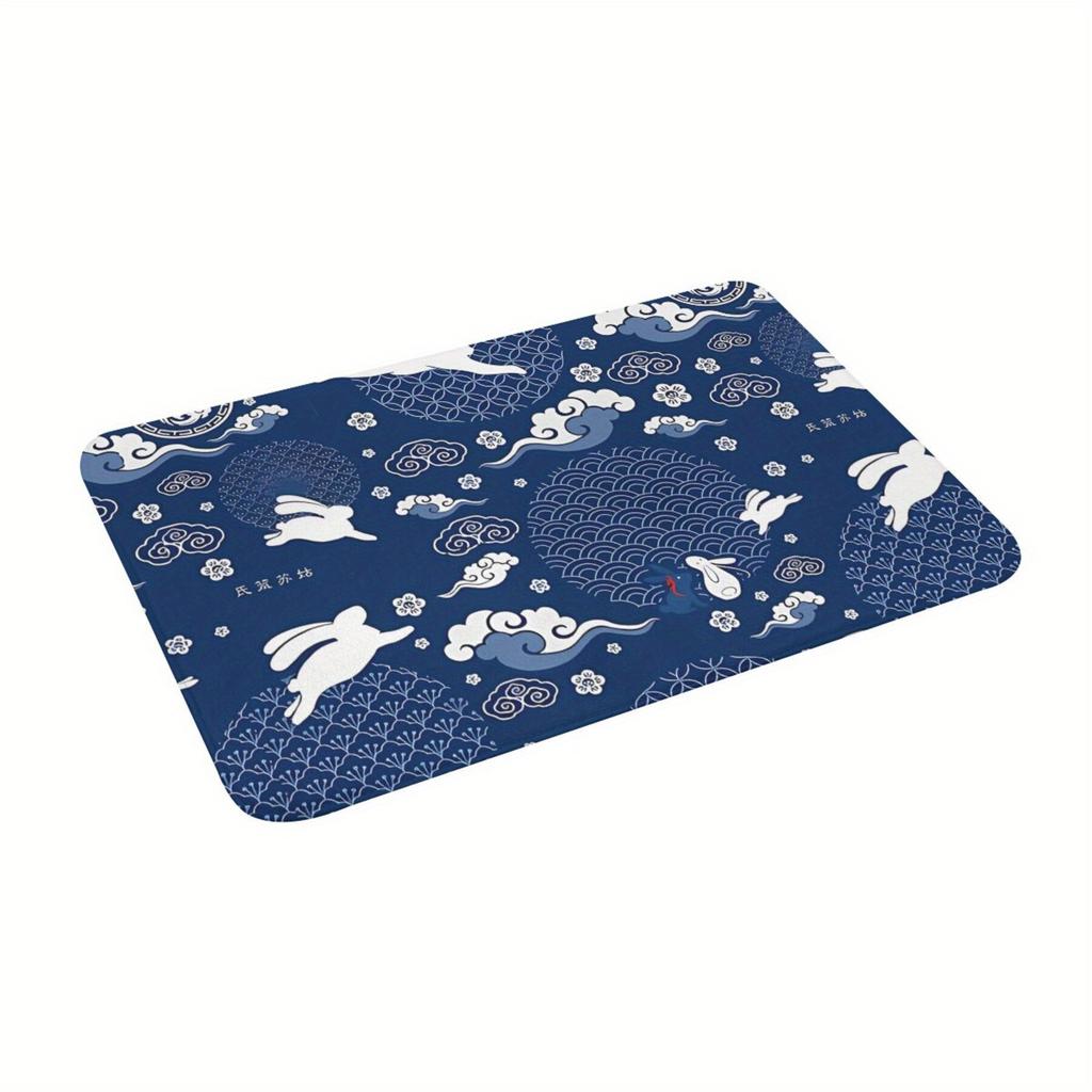 Moon Festival Rabbit Pattern Doormat, Blue White Traditional Cloud Wave Design, Polyester Floor Rug for Entryway Living Room