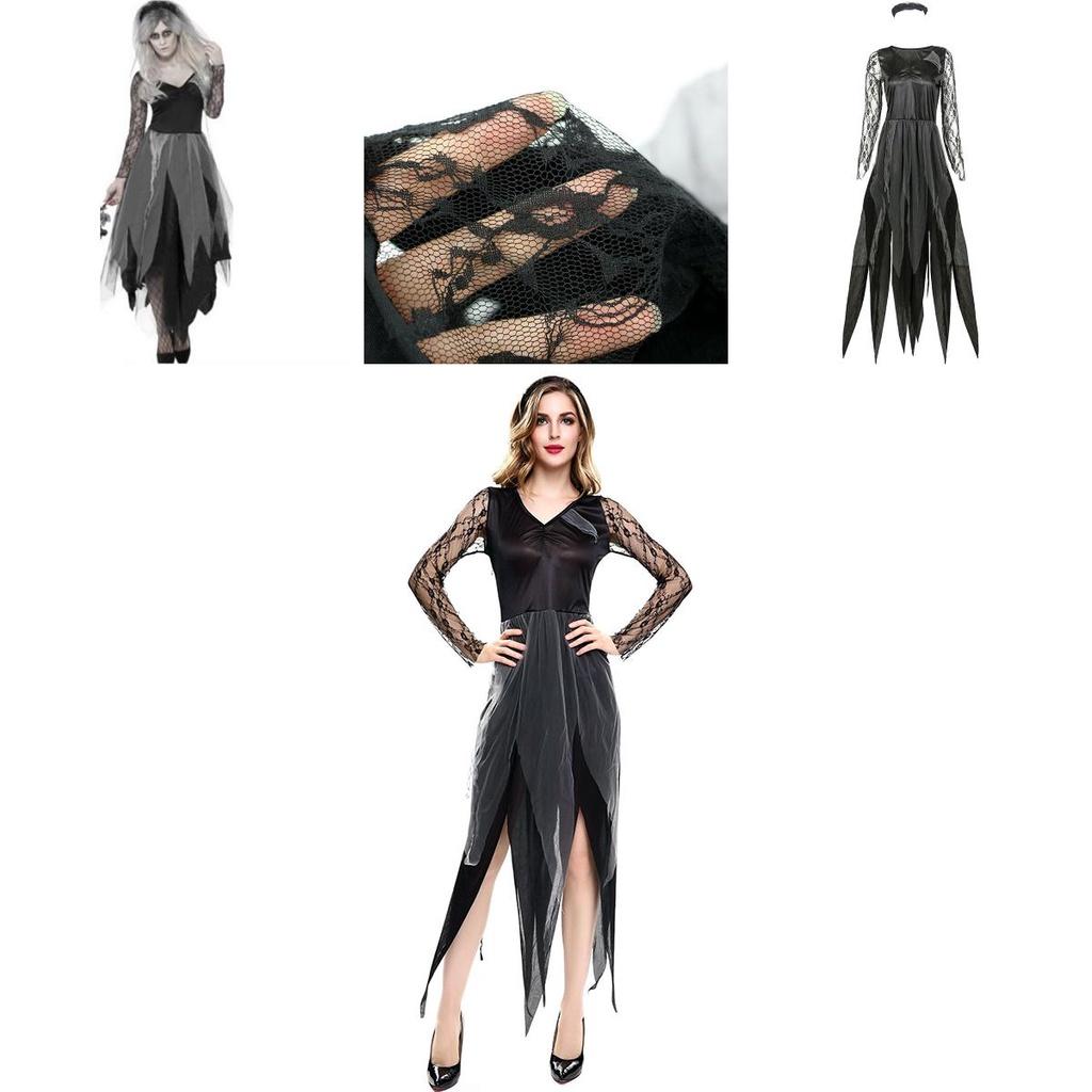 Elegant Ladies Womens Horror Zombie Costume Featuring Lace Hollow Long Sleeves