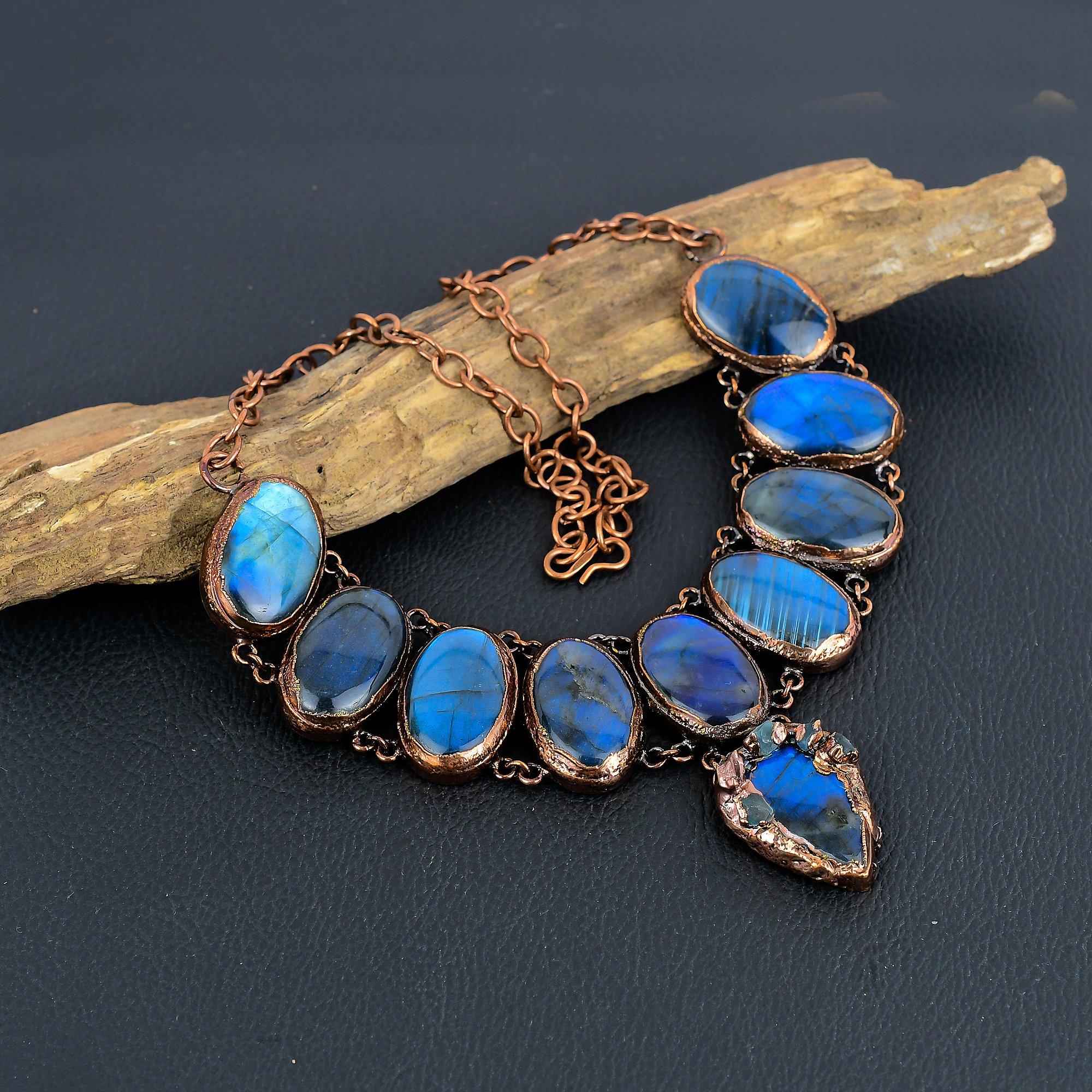 

Labradorite Copper Electroformed Necklace with Adjustable Chain, Handmade Gemstone Jewelry Necklace For Memorial Day