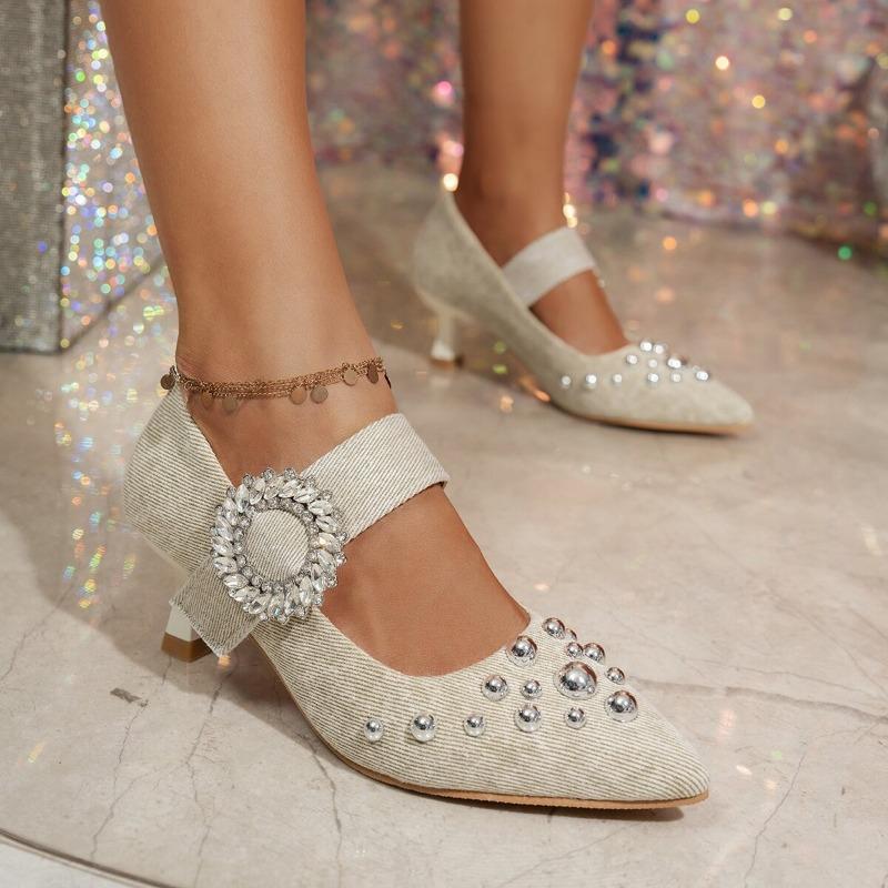 Fashion Studded Stiletto Single Shoes Summer Fashion  New Pointed Toe Shallow Cloth Metal Buckle Non-slip High Heels