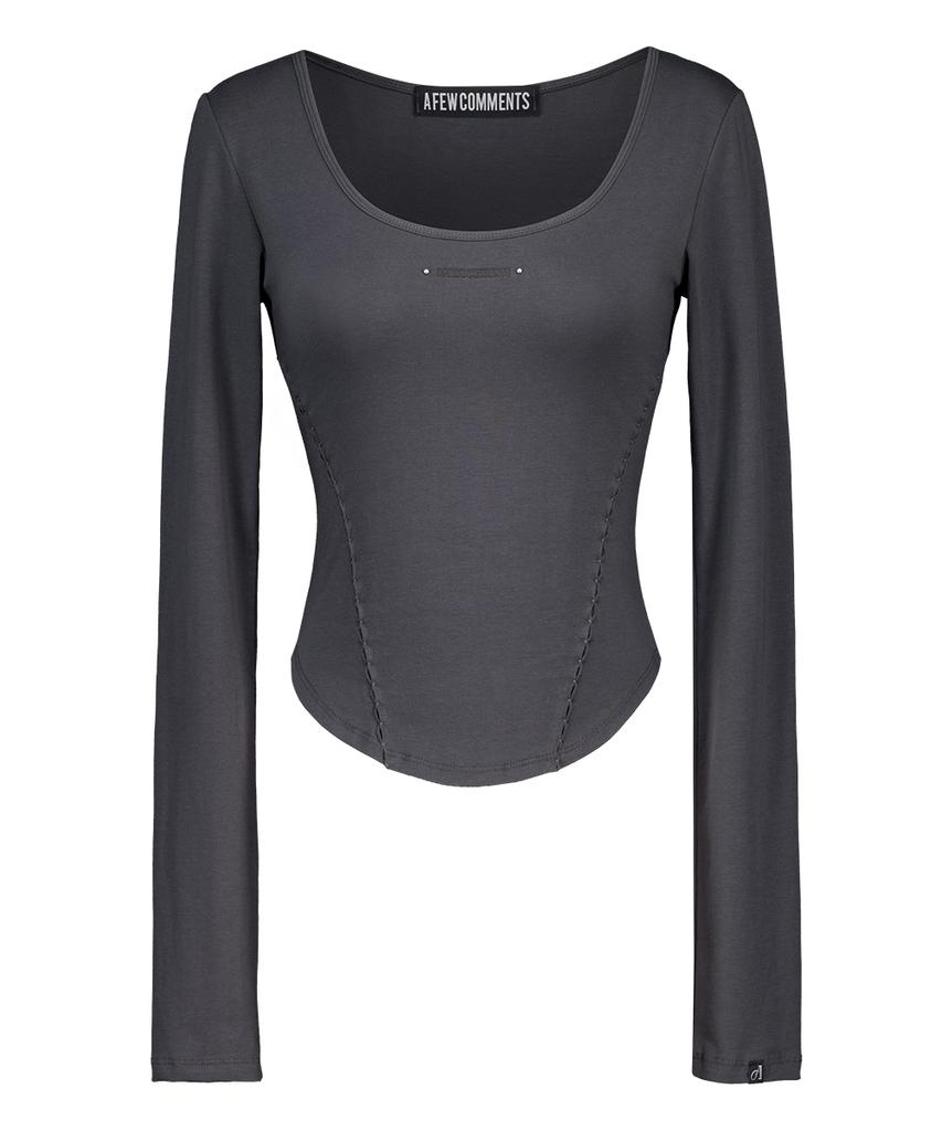 A FEW COMMENTS Smoke Shirred Scoop Neck Long Sleeve Top Charcoal