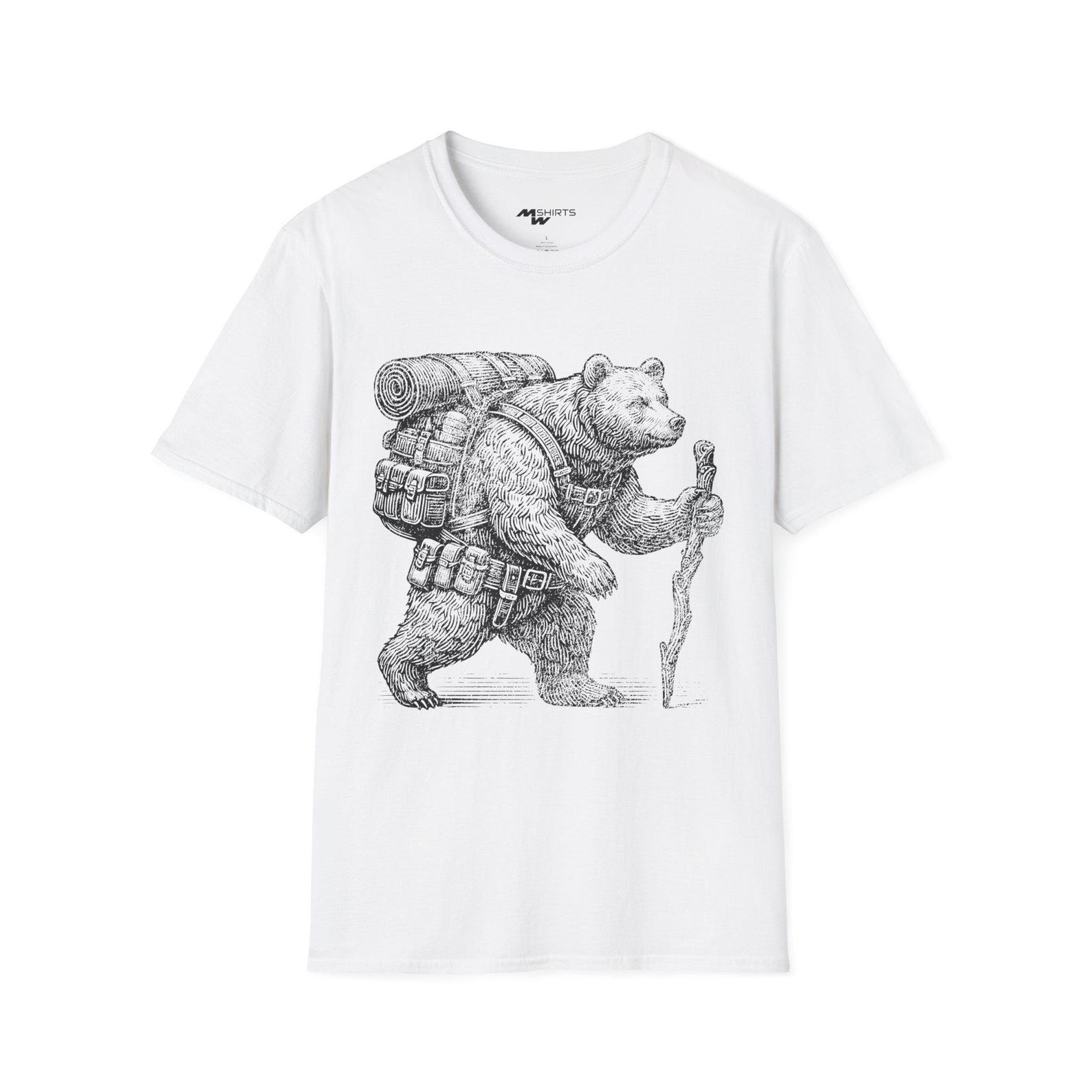 Hiking Bear Graphic Tee: Vintage Engraving Outdoor Lover Gift 3XL