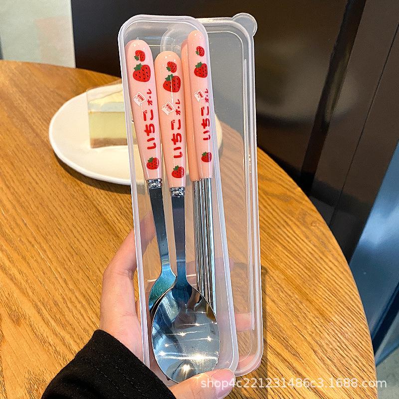 Strawberry-Themed Student Tableware Set: Cute Spoon, Fork, and Chopsticks.