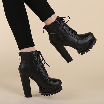 19-2 High Heels Thick Heel Short Boots 10CM Autumn and Winter New Waterproof Platform Thick-soled Martin Boots Front Lace-up Non-slip Women's Boots