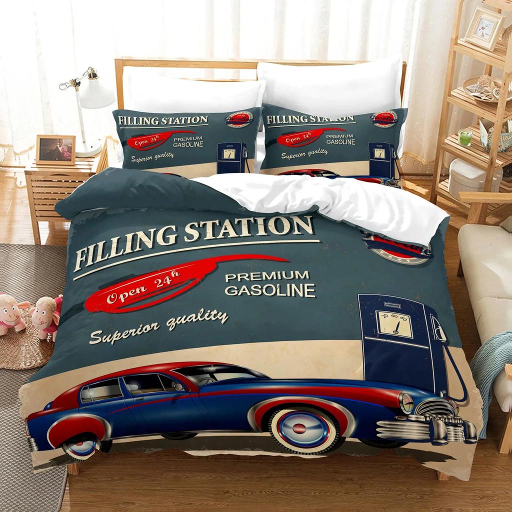 Cars Duvet Cover Traditional Old Car Race Nostalgic American Car Bedding Set Classic Cars Polyester Quilt Cover for Boys Teens