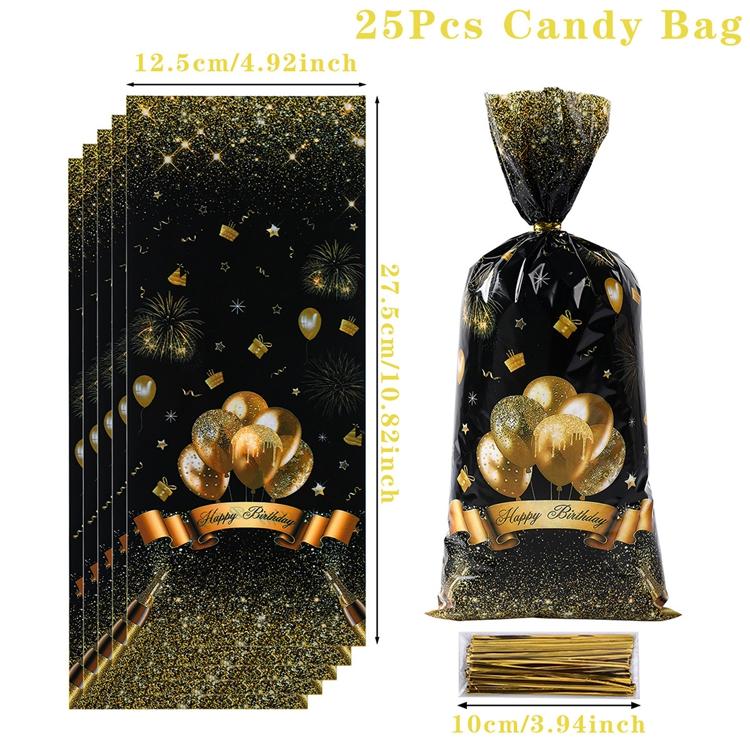 

Черные золотые подарочные пакеты на день рождения, пластиковые пакеты для конфет, золотой дизайн с воздушными шарами, идеально подходит для вечеринок по случаю дня рождения для взрослых AS SHOWN